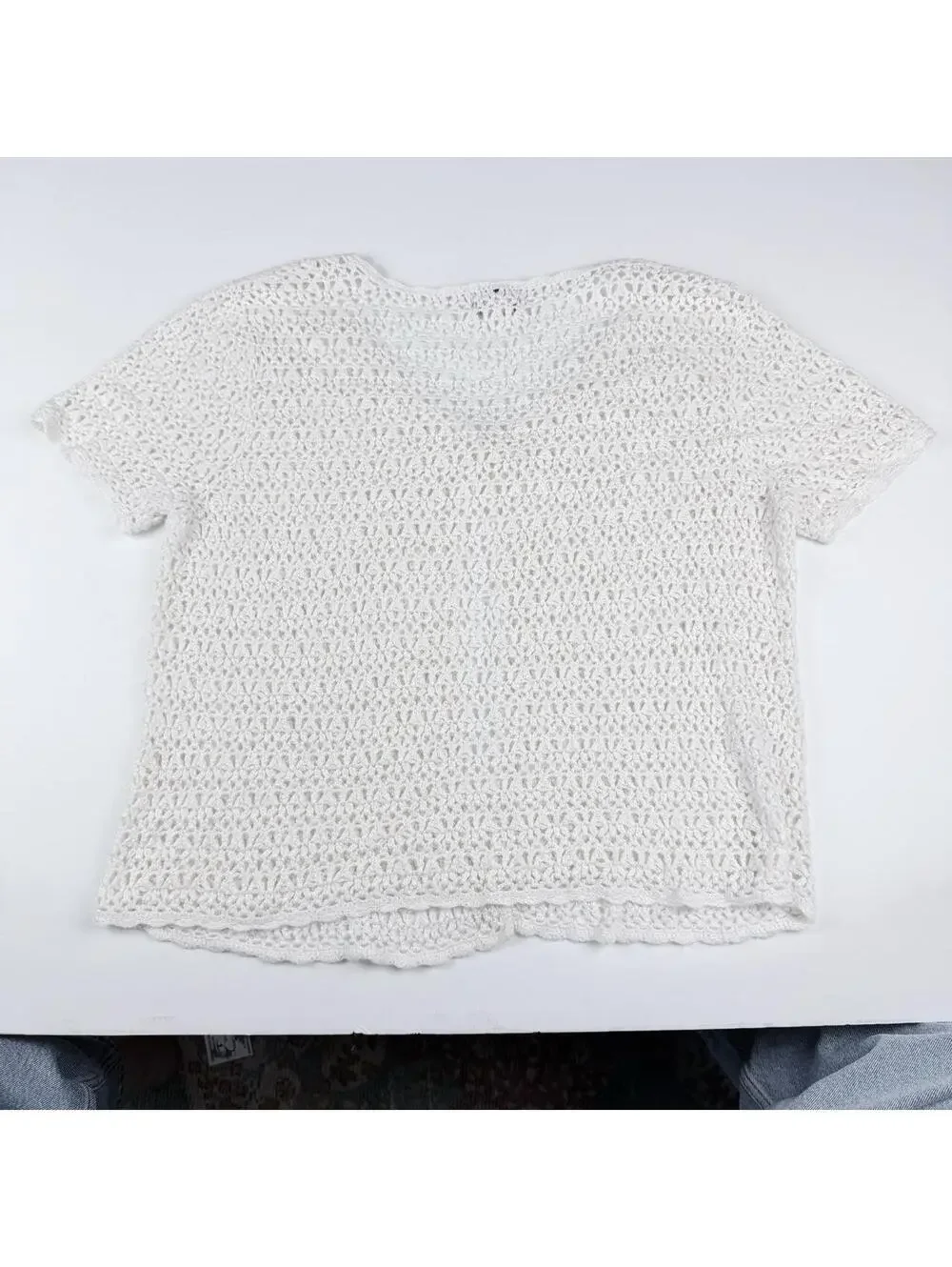 Style & Co 90s Open Knit Crochet Button Cardigan in Cream